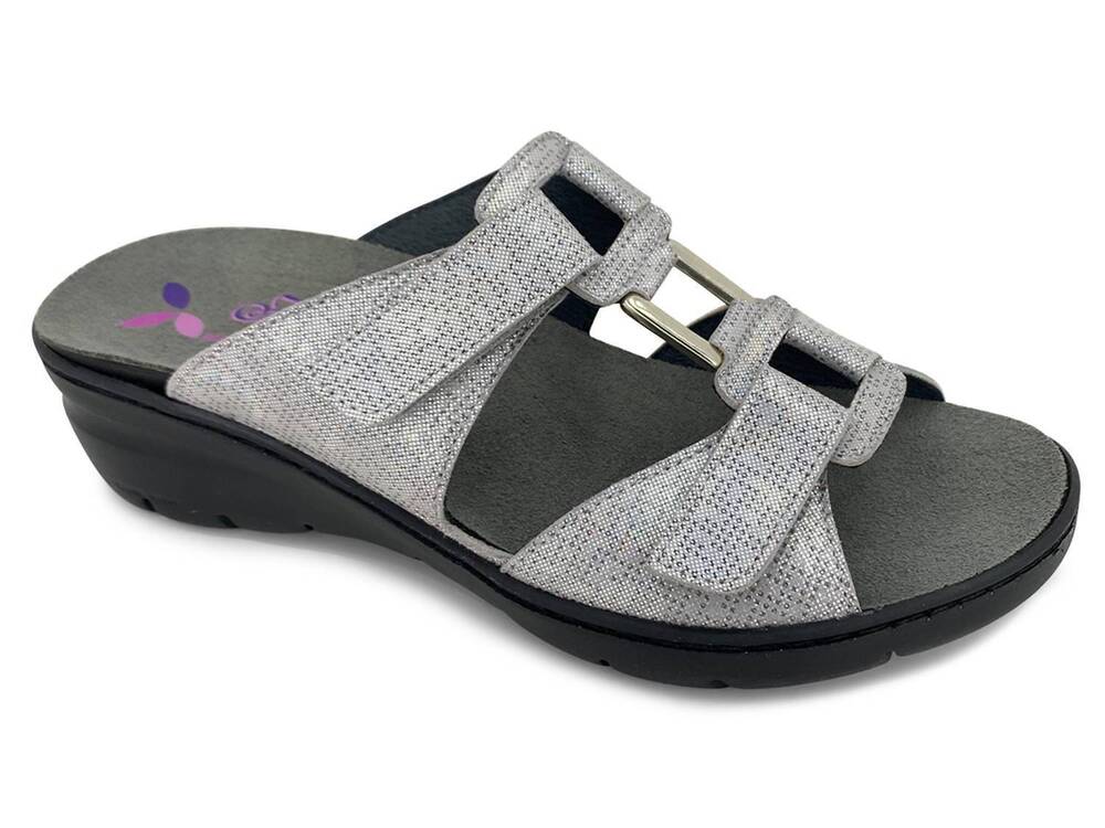 NEW HELLE COMFORT women's aria adjustable strap sandals in silver glaze